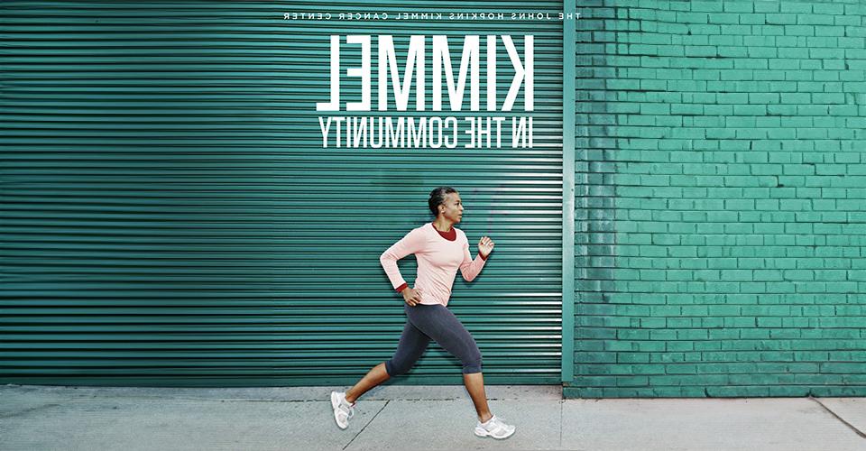 Athletic woman running past a green wall. Cover of Kimmel in the community